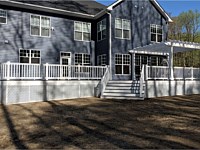 <b>Trex Transcend Island Mist Decking with White Washington Vinyl Railing - White Vinyl Pergol - White Vinyl Fascia - White Vinyl Privacy Lattice around perimeter of deck</b>